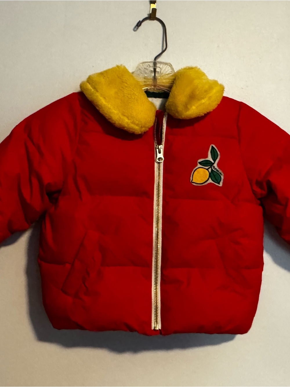 Mini Rodini Orange-Red Puffer Jacket with Yellow Collar and Lemon Patch 2T - 3T